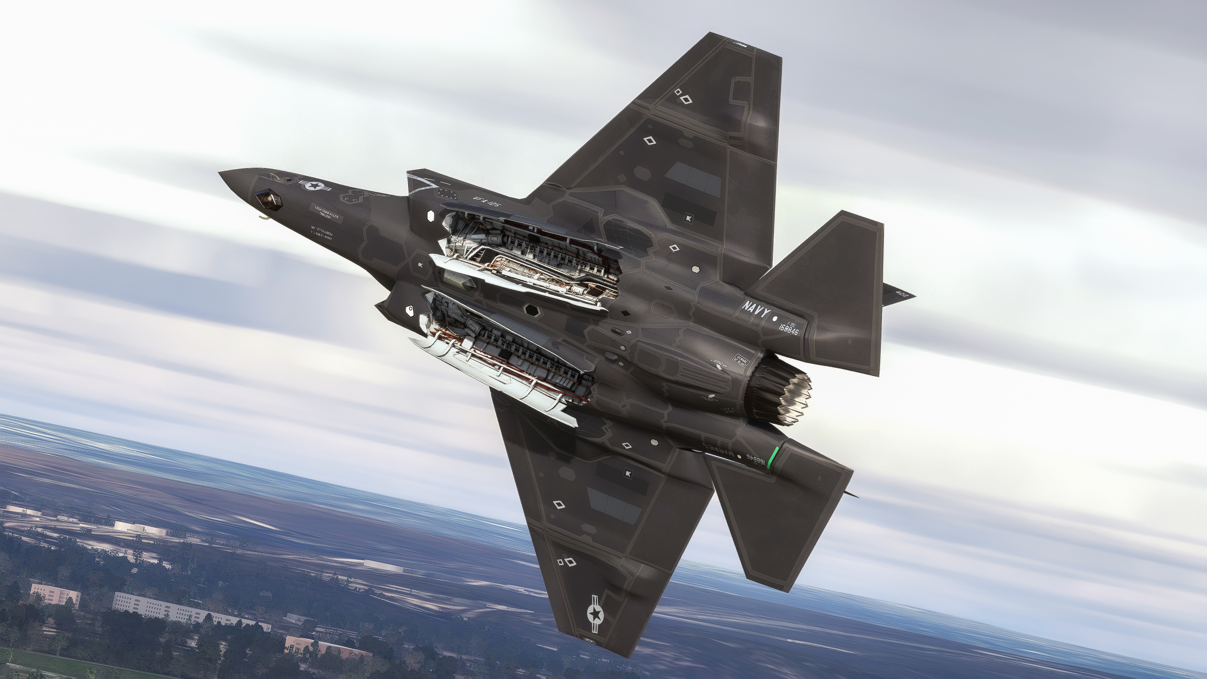 F-35C banking with weapons bay open