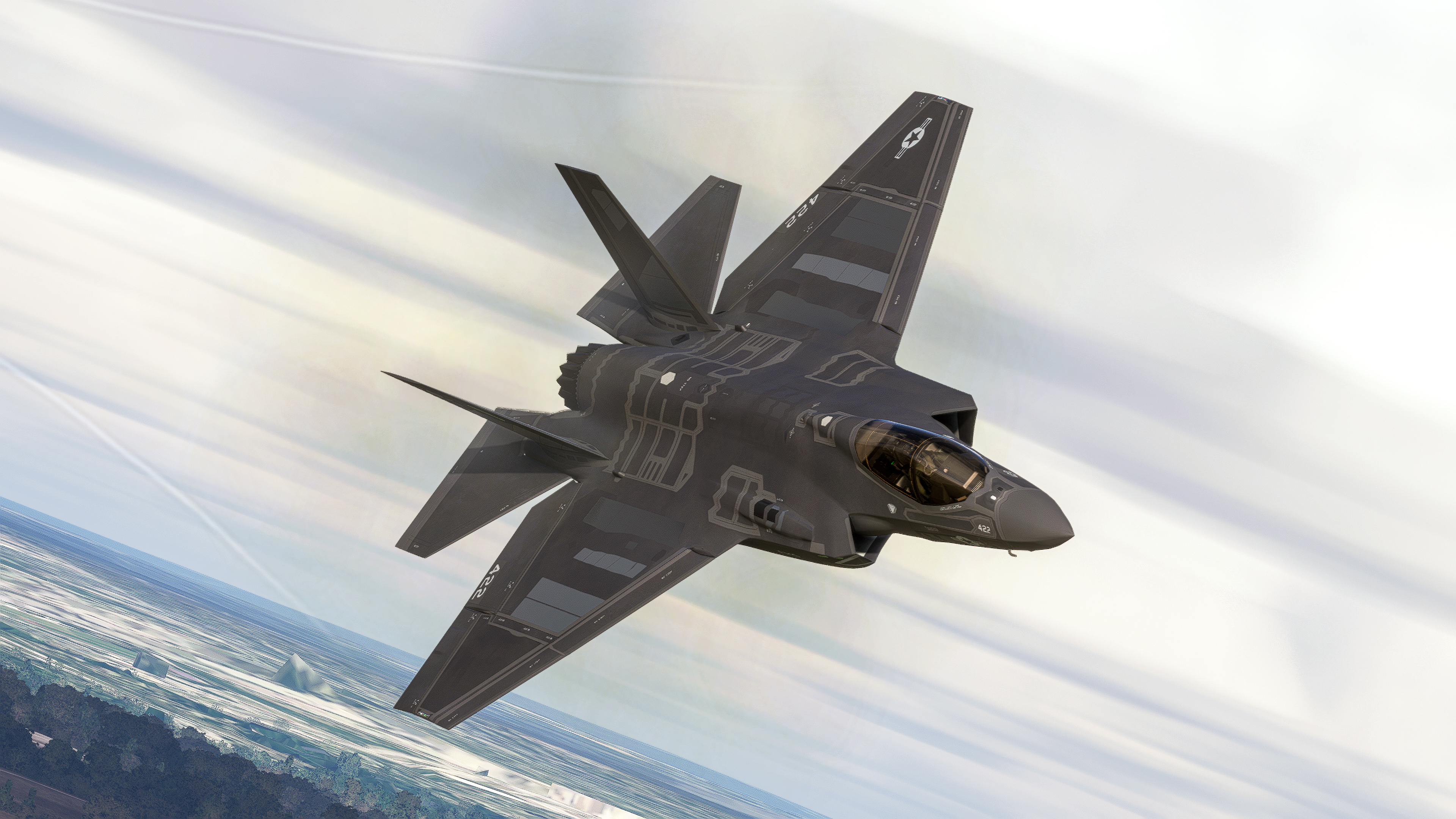 F-35C flying over cloud streaks